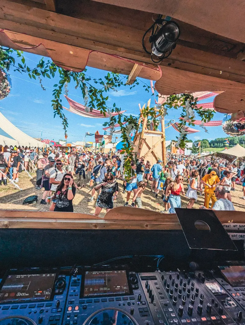 Professional sound system installation at Wishing Well during Glastonbury Festival 2025