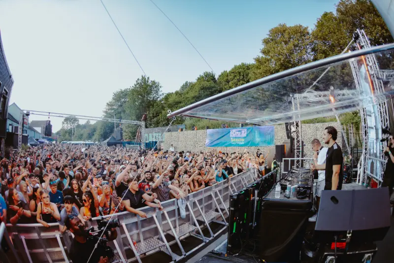 Cru2 Leeds Shutdown - DJ booth with custom transparent roof and stage truss