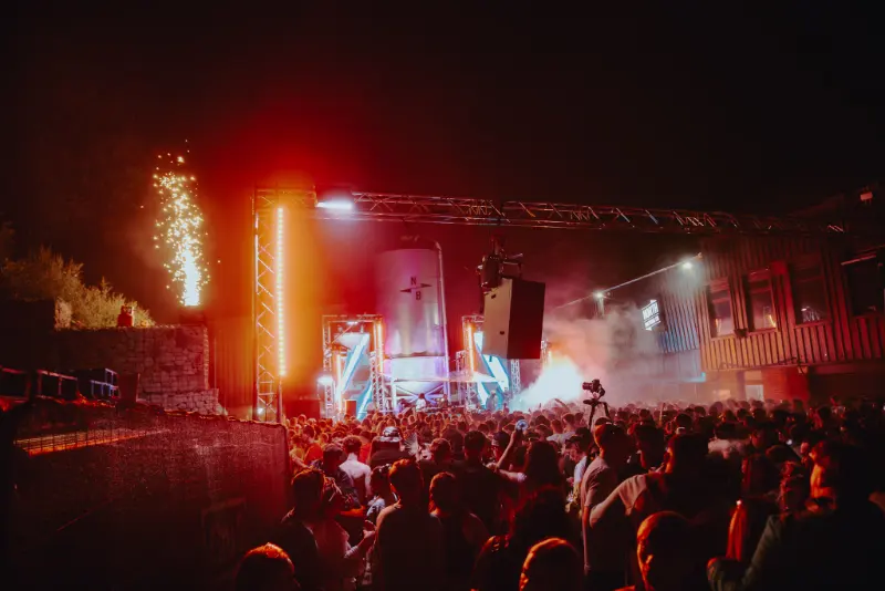 Cru2 Leeds Shutdown - Evening pyrotechnics and stage lighting at Springwell Brewery